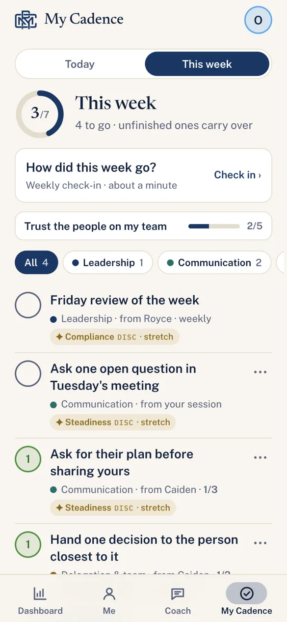 The app's This week screen: tasks tagged with the TTI behavior they build